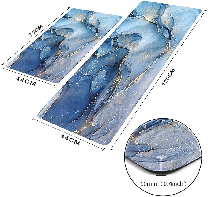 Mrcrypos Set of 2 Blue and Gold Marble Kitchen Mats PVC Leather Waterproof Non Slip Cushioned Standing Mats Anti Fatigue Kitchen Comfort Mats for Floor,Sink,Laundry,Office 17"x29"+17"x47"