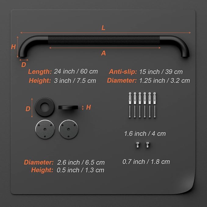 Anti-Slip Black Grab Bar 24 Inch, iMomwee Stainless Steel Bathroom Grab Bars with Knurled Grip, Wall Mounted Shower Handle Bath Handle, Safety Bars for Senior Elderly Handicap