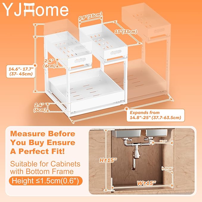 Upgrade 1 Pack Expandable Under Sink Organizers and Storage, 2 Tier Metal Pull Out Cabinet Organizer with 3 Slide Rails, Adjustable Height Slide Out Under Sink Drawers for Kitchen Bathroom Pantry