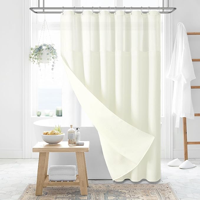 Dynamene Fabric Shower Curtain with Snap in Liner, Cream Waffle Hotel Shower Curtains for Bathroom, Washable Waterproof Cloth Shower Curtain Liner Set with Plastic Hook, Mesh Top Window, 72x72, Cream