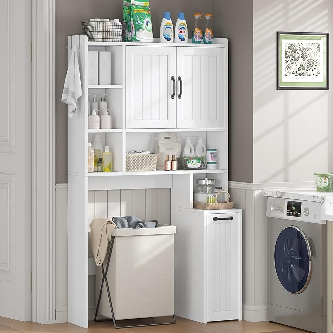 UPOSOJA Over The Toilet Storage Cabinet with Pulley Small Bathroom Storage Cabinet, Space Saver W/Adjustable Shelf & Open Shelf for Bathroom, Restroom, Laundry (White-Type A)