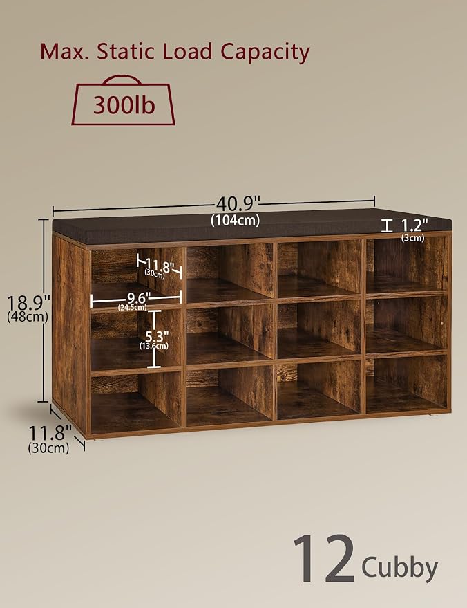 DINZI LVJ Shoe Storage Bench with Cushion, Cubby Shoe Rack with 12 Cubbies, Adjustable Shelves, Multifunctional Shoe Organizer Bench for Entryway, Mudroom, Hallway, Closet and Garage, Rustic Brown