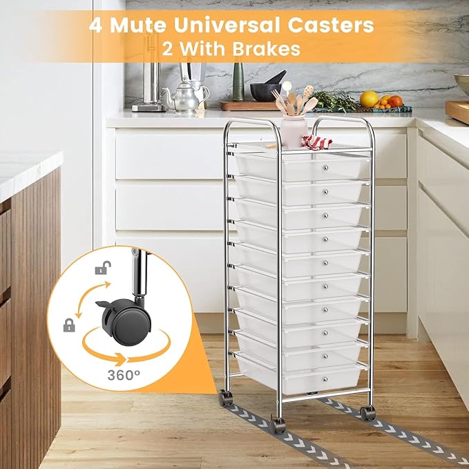 10-Drawer Rolling Storage Cart, Trolley w/Lockable 360° Wheels, 10 Removable PP Drawers, Sturdy Metal Frame, Rolling Utility Cart Perfect for Home, Office, Classroom (Clear)