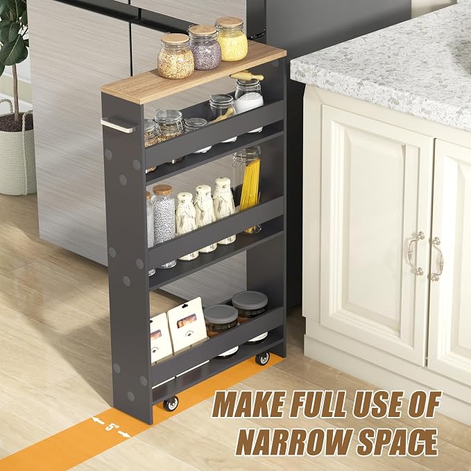 Giantex 4 Tier Rolling Slim Storage Cart, 5" Narrow Slide Out Kitchen Cart w/Handle & Open Shelves, Space-Saving Compact Mobile Utility Trolley for Small Space Laundry Room (Grey & Natural)