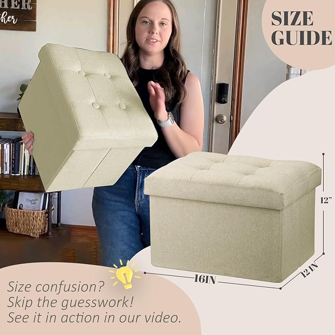 LINMAGCO Ottoman Storage Ottoman with Storage Small Foot Rest Stool Under Desk Stool Short Folding Footrest Linen Cloth Beigh 16X12X12IN