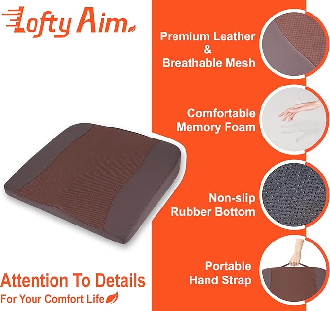 Lofty Aim Car Seat Cushion, Comfort Memory Foam Car Cushions for Driving - Sciatica & Lower Back Pain Relief, Driver Seat Pillow for Auto, Office Chair, Wheelchair - Brown