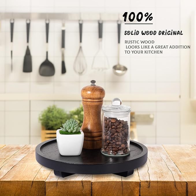 Round Decorative Tray Wood Bathroom Counter Organizer Farmhouse Kitchen Decor Wooden Riser for Soap Dish, Perfume, Candle, Sponge, 9" - Black