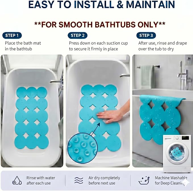 Patented Webos Non Slip Bathtub Mat Shower Mat Bath Mat Tub Mats with Strong Suction Cups Soft Natural Rubber Bath Mat for Inside The tub (Circle-Blue, 28x16 inch)