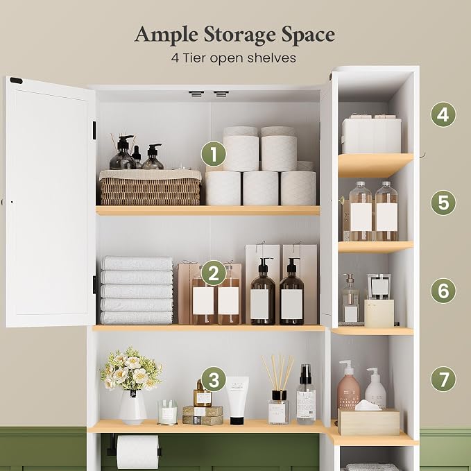 7-Tier L-Shaped Over the Toilet Storage Cabinet with Doors, 2 Large Drawers, Tissue Holder & Towel Holder, Bathroom Over Toilet Storage Cabinet with Adjustable Shelf for Bathroom, White