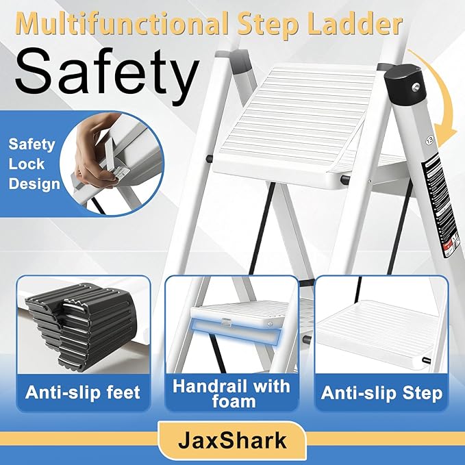 3 Step Ladder Folding Step Stool with 500LBS Capacity Sturdy Carbon Steel Frame Anti-Slip Thick Pedal & Feet Portable for Home Kitchen Garage (white-3step)