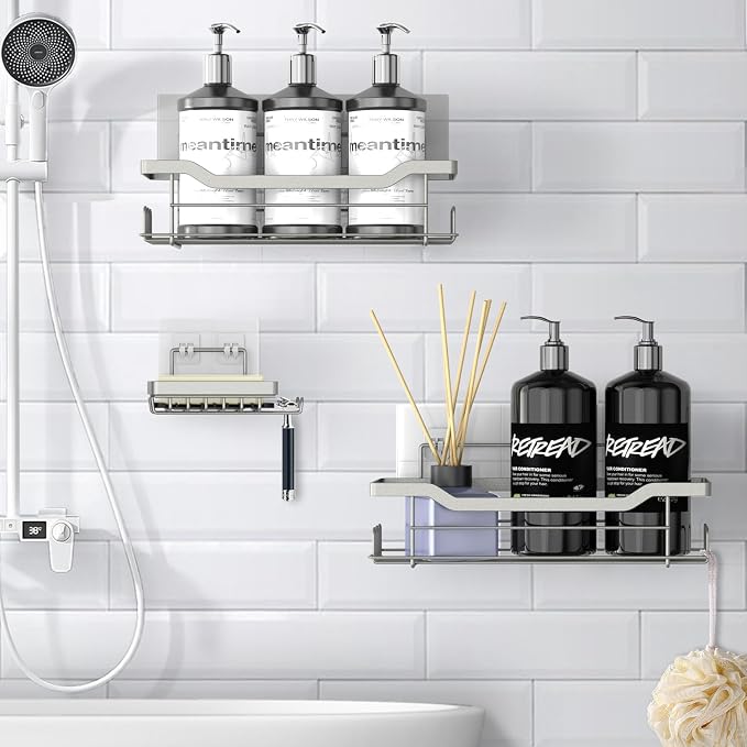 Shower Caddy Shelves Organizer Rack, 3 Pack Shower Caddy with Soap Holder, No Drilling Wall Mounted Self Adhesive Shower Shelves for Inside Shower, Paint Nickel