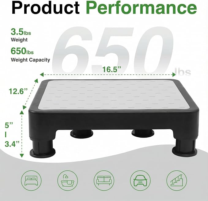 COOL-ANGLE Adjustable Step Stool for High Beds & SUV - Non-Slip Mobility Platform for Seniors, 650lbs Capacity, 3 Heights (3.4"-5"), Wide Safety Base for Car & Bath, 16.5"x12.6", Gray