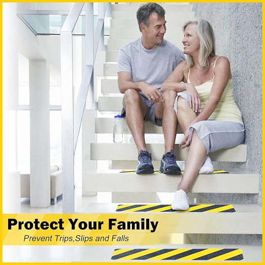 S&X S680 Anti Slip Stair Treads 6" x 24", 5-Pack Pre-Cut Black/Yellow Caution Non Slip Safety Tape Strips for Outdoor Stair Treads, Wooden Steps & Exterior Grips