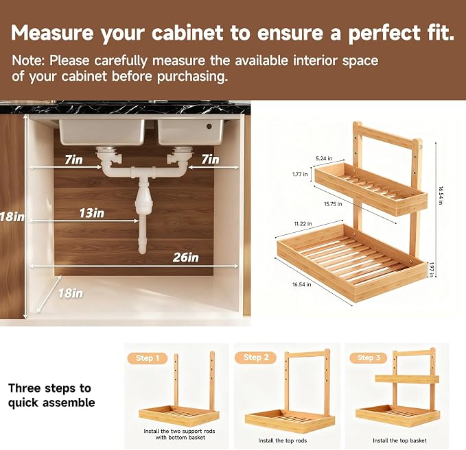 Bamboo Under Sink Organizer - 2 Tier Pull Out Cabinet Shelves with Adjustable Height, Undersink Storage Slide Out for Kitchen Bathroom Cabinet Pantry