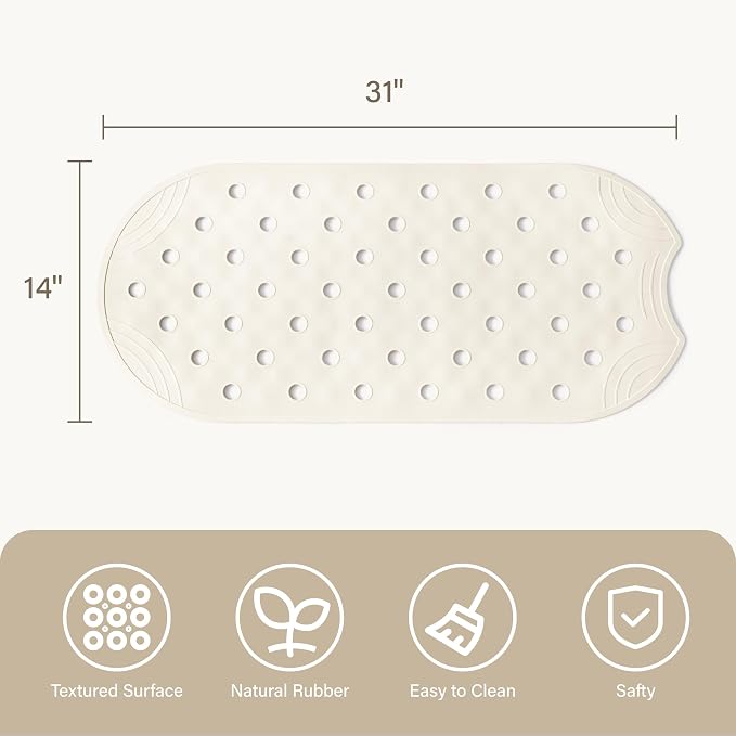 Rubber Bathtub Mat Shower Mat Non-Slip, 31x14 Inch, Bath Tub Floor Mat with Suction Cups and Drainage Holes, Ivory White