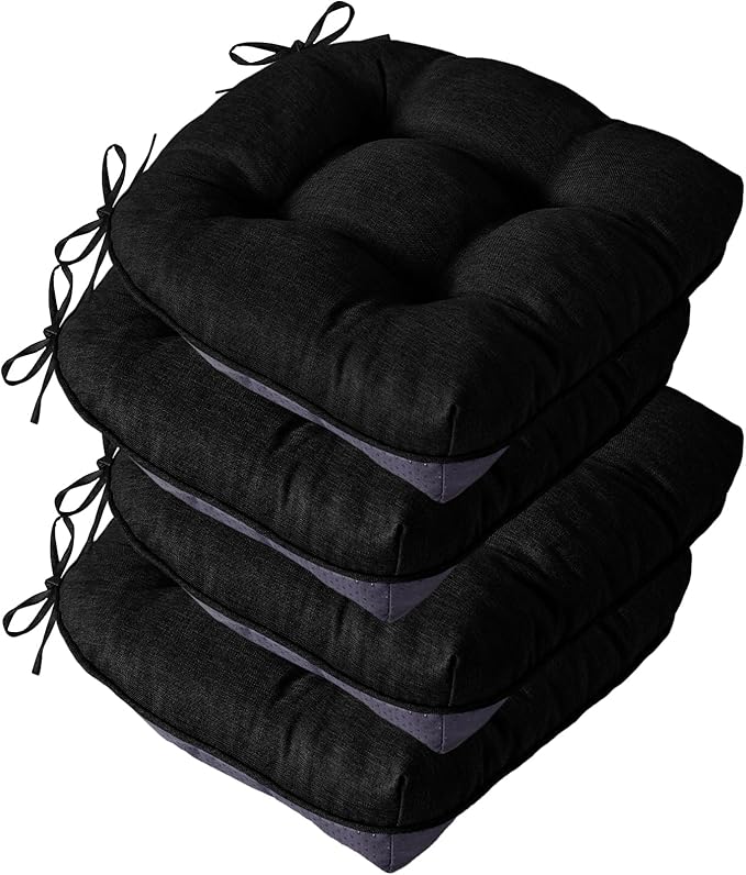 IASEAHK Chair Cushions for Dining Chairs, Seat Cushions for Kitchen Chairs, Indoor Seat Cushions with Ties, Tufted Foam Chair Pads, Non Slip Chair Cushions Set of 4, 15.5" x 15.5" x 4", Black