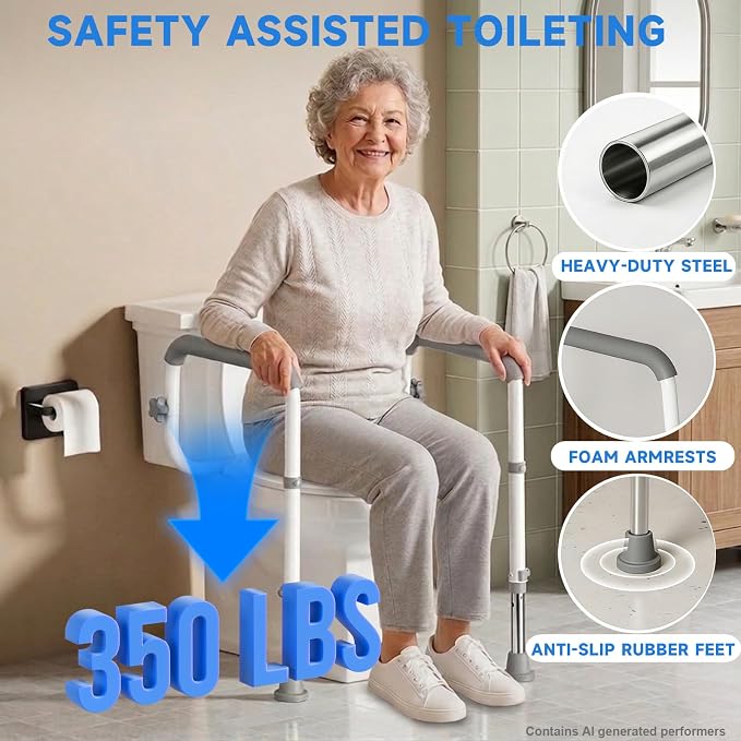 Toilet Safety Rails for Seniors | Reinforced Steel Frame, Padded Armrests, Adjustable Height & Width, for Elderly, Handicap & Post-Surgery, 350lbs Capacity