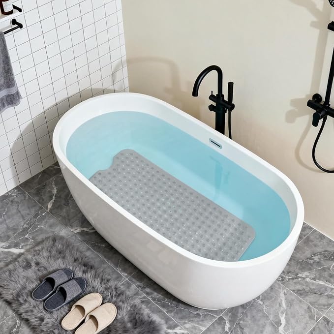 Anti-Slip Bathtub Shower mat, 40×16 inch（ 100 × 40cm） Soft Oversized Machine Washable Non-Slip Bathtub mat with Drainage Holes, Bathroom Floor Suction Cup.（1-Clear Gray）