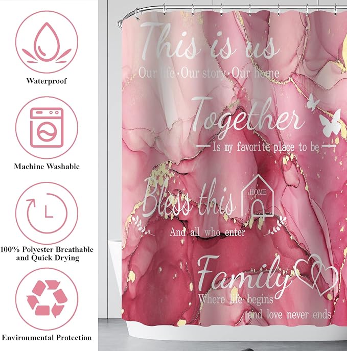 4Pcs Family Marble Shower Curtain Set,Light Pink Home Inspirational Bathroom Sets with Shower Curtain and Rugs, Bathroom Decor Set,Waterproof Bathroom Curtains Shower Set,with 12 Pcs Hooks
