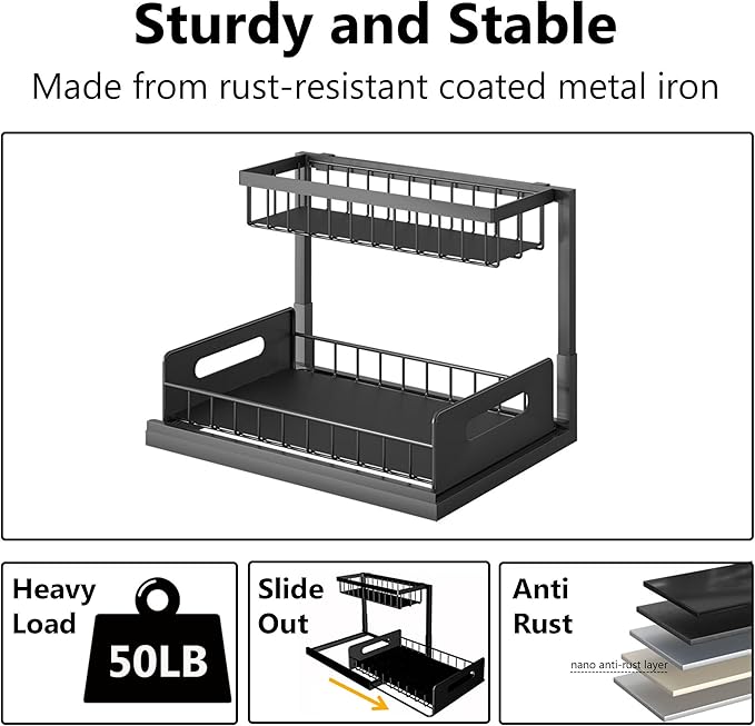 Ceetug Under Sink Organizers and Storage 2 Tier Slide Out Kitchen Cabinet Organizer Sturdy Metal Bathroom Storage (Black, 1 Pack)
