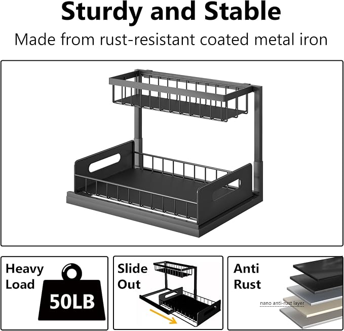 Ceetug Under Sink Organizers and Storage 2 Tier Slide Out Kitchen Cabinet Organizer Sturdy Metal Bathroom Storage (Black, 2 Pack)