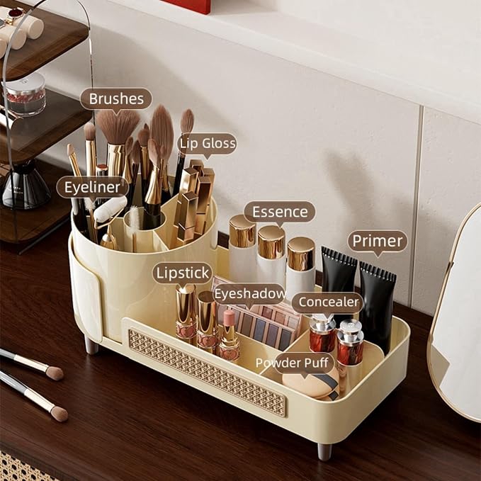 Booklov Rotating Makeup Caddy Organizer for Vanity, Large Capacity Cosmetic Display Case, Countertop Beauty Storage Holder for Skincare, Brush Eyeliner Lipstick, Counter Table Organization, Coffee