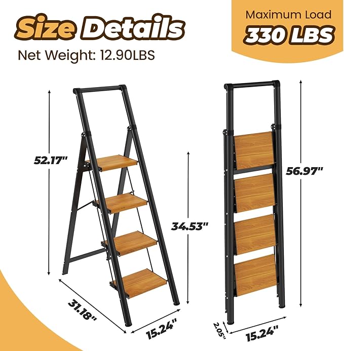 HBTower 4 Step Ladder with Handrail, Aluminum Folding Step Stool,330lbs Capacity Portable Step Ladder，Non-Slip Safety Ladder for Household,Kitchen,Office - BlackWoodgrain