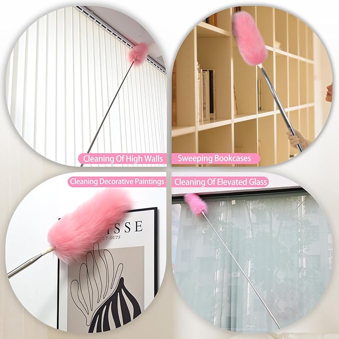 Extendable Lambswool Duster Stainless Steel Handle 133" Removable Feather Duster for Cleaning Ceiling Fans Interior Roof Furniture, Pink