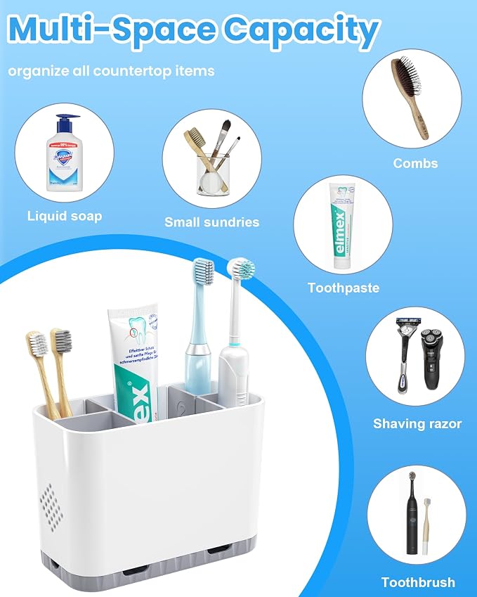 Toothbrush and Toothpaste Holders for Bathrooms Countertop - Detachable 5 Slots Kids Electric Toothbrush Holders Set Wall Mounted with Removable Dividers for Bathroom Decor and Accessories Organizer