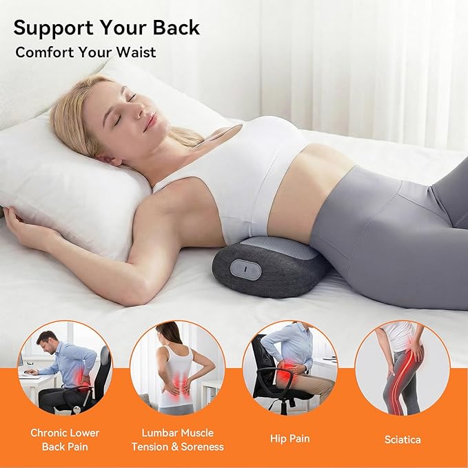 Yunari 3-in-1 Wireless Back Massager, Dual Airbag Decompression Lumbar Support Pillow with Adjustable Heat, Vibration & Traction, Ergonomic Support for Lower Back Pain Relief, Home Office Travel Car