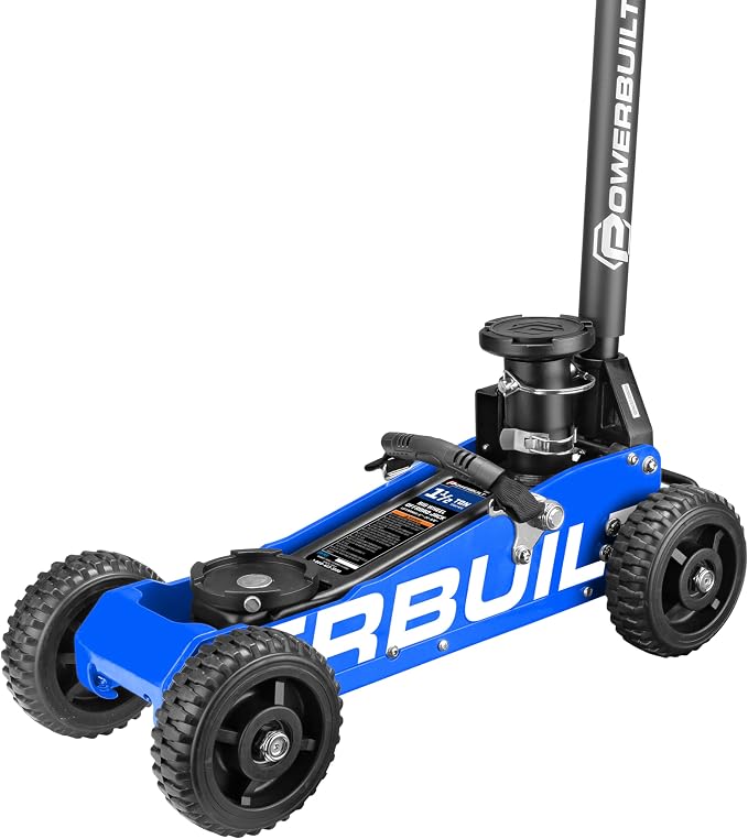 Powerbuilt 1.5 Ton Big Wheel Off Road Jack, Vehicle Lift for Trucks, SUVs, ATVs Offroad Vehicles, Oversized Wheels for Rugged Terrain, 3000 LB Capacity, Blue 620625ECE