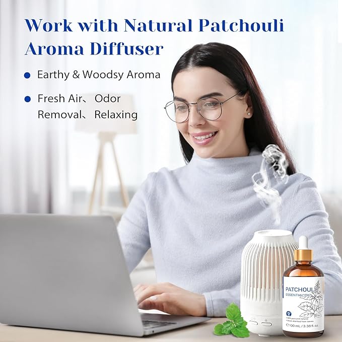 HIQILI Patchouli Essential Oil,100% Pure & Natural for Homemade Perfume, Sooth Skin, Nourish Hair at Home with Diffuser, Gift for Hippie Friend - 3.38 Fl Oz