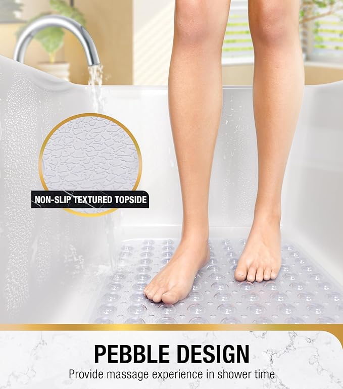 HITSLAM Bath Mat for Tub, Non Slip Bathtub Mat, 40 x 16 Inch Extra Long Bath Tub Mat, Machine Washable Bathroom Shower Mat with Suction Cups and Drain Holes, Soft on Feet, Clear