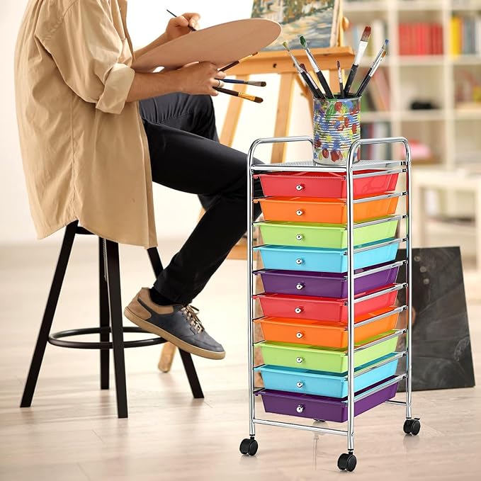 10-Drawer Rolling Storage Cart, Trolley w/Lockable 360° Wheels, 10 Removable PP Drawers, Sturdy Metal Frame, Rolling Utility Cart Perfect for Home, Office, Classroom (Multi-Colored)