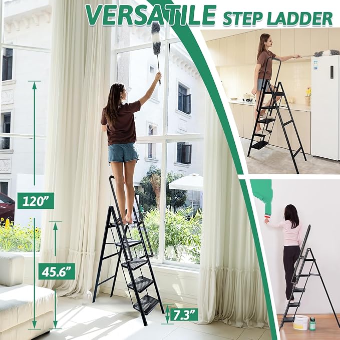 5-Step Folding Ladder with Handrails, Heavy Duty Ladders for Home & Kitchen, Folding Ladder Easy to Store, Tall Ladder for Adults, Anti-Slip & Space-Saving Step Ladder, 330 Lbs Capacity