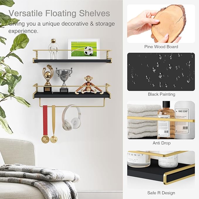Forbena Black and Gold Bathroom Floating Shelves for Wall, Decorative Wall Mounted Shelves for Kitchen Coffee Bar Station Organizers and Storage, Hanging Shelving Unit for Bedroom Living Room (2-Pack)