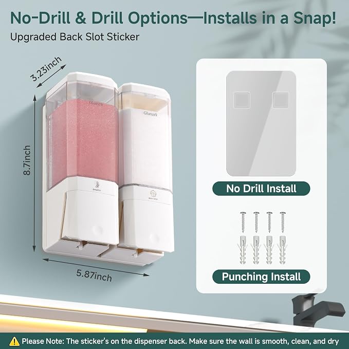 Shampoo and Conditioner Dispenser 2 Chamber No Drill Shampoo Dispenser for Shower Wall Mounted Shower Soap Dispenser 2 * 500ml Refillable Shower Dispenser for Bathroom Hotel,White