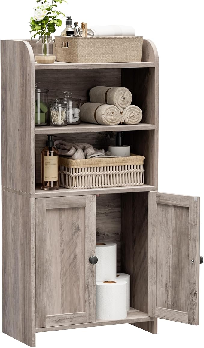 Homhedy Small Bathroom Storage Cabinet, Freestanding Toilet Paper Storage with 2 Doors and Shelves, Bathroom Organizers and Storage for Small Spaces, Laundry Room, 7.9" D x 14.6" W x 31" H, Greige