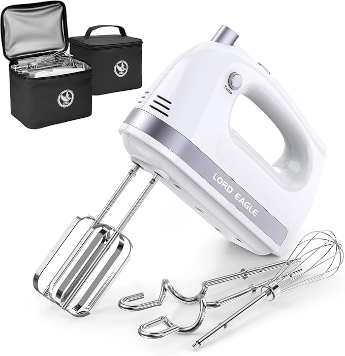 Lord Eagle Hand Mixer Electric Handheld 400W, 5-Speed Lightweight Kitchen Mixer with Stain-resistant & Waterproof Storage Bag, 5 Stainless Steel Attachments for Baking Cake Egg Cream Food Beater