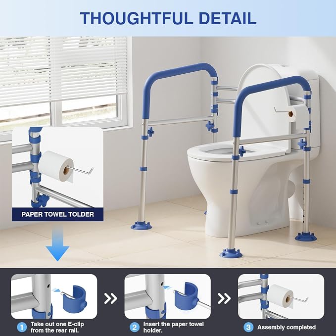 Loyoda Foldable Toilet Safety Rails for Seniors, Height & Width Adjustable | Safety Frame & Toilet Handles for Elderly & Disabled, Fits Most Toilets, 350lb Capacity, Blue