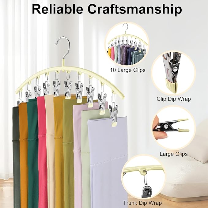 Volnamal Legging Organizer for Closet, Metal Yoga Pants Hangers 2 Pack w/10 Clips Holds 20 Leggings, Space Saving Hanging Closet Organizer w/Rubber Coated Closet Organizers and Storage, Ivory
