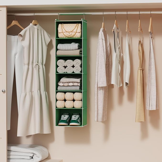 MAX Houser 6-Shelf Hanging Closet Organizer, Hanging Storage Shelves with 2 Sturdy Hooks Space-Saving for Bedroom, Foldable (Green)