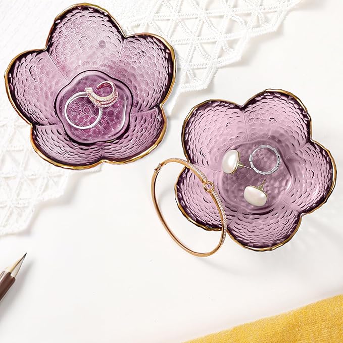 Gifts for Women Purple Flower Jewelry Dish Glass Ring Holder Decorative Jewelry Tray Cute Vanity Room Decor Aesthetic Nightstand Bathroom Decor Trinket Dish Friendship Christmas Birthday Gifts (2pcs)