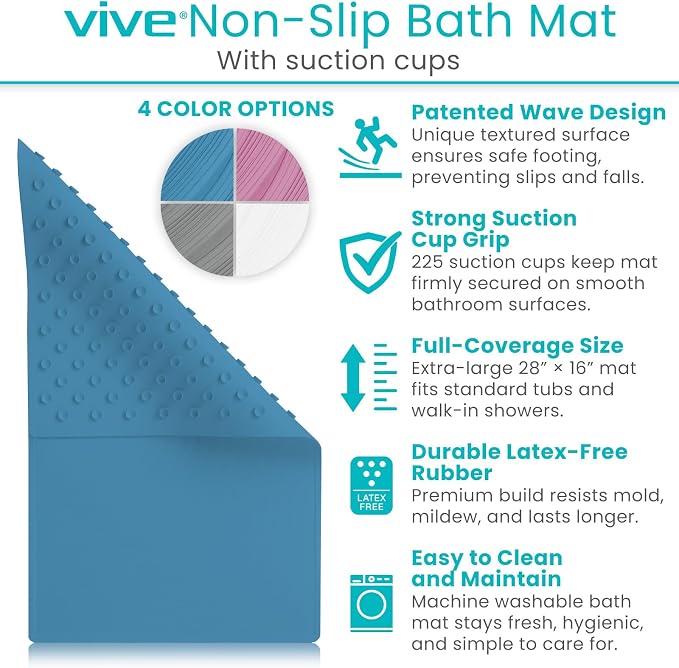 Vive Non-Slip Bath Mat with Suction Cups - 28" x 16" Extra Large Rubber Mat for Safety & Comfort - Patented Grip Prevents Slips and Falls for Kids, Elderly, Men, Women - XL Non Skid Shower & Tub Cover