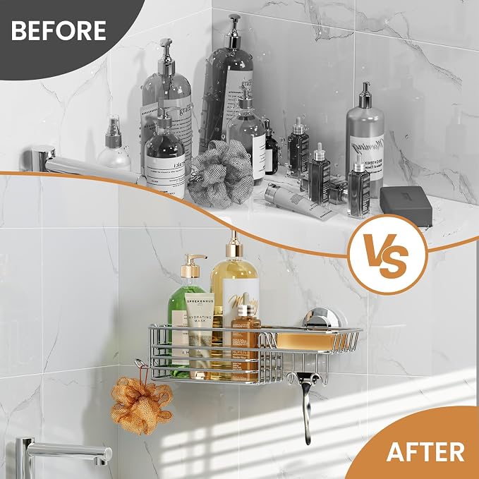LEVERLOC Shower Caddy Suction Cup, Organizer with Hooks & Soap Holder for Inside Shower, Removable Bathroom Shelf-Silver