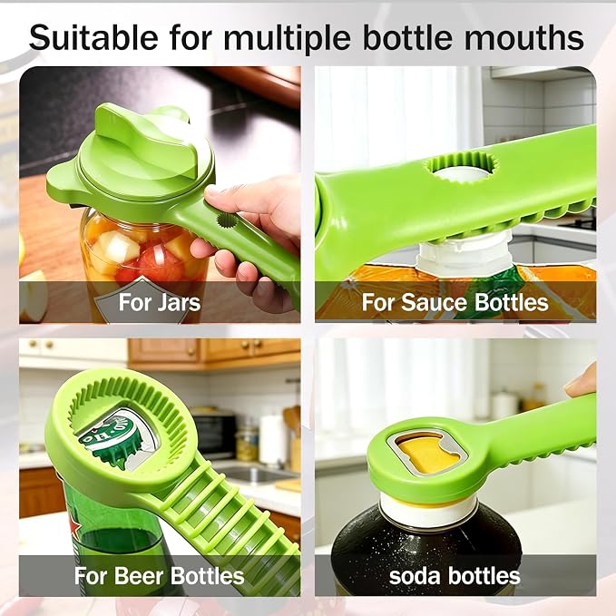 Adjustable Jar Opener for Weak Hands, 4-in-1 Multi-Function Manual Bottle Opener and Corkscrew Set for Seniors with Arthritis, Universal Lid Gripper Kitchen Gadget for All Jar Sizes (green)