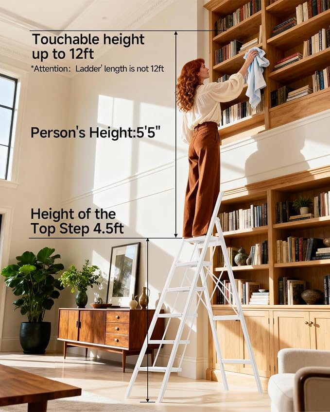 SOLADDER 6 Step Ladder with Handrails, Anti-Slip and Foldable Step Stool with Widen Pedals, Portable Stepladders for Home, Kitchen and Indoor, Space Saving -300lbs (White)