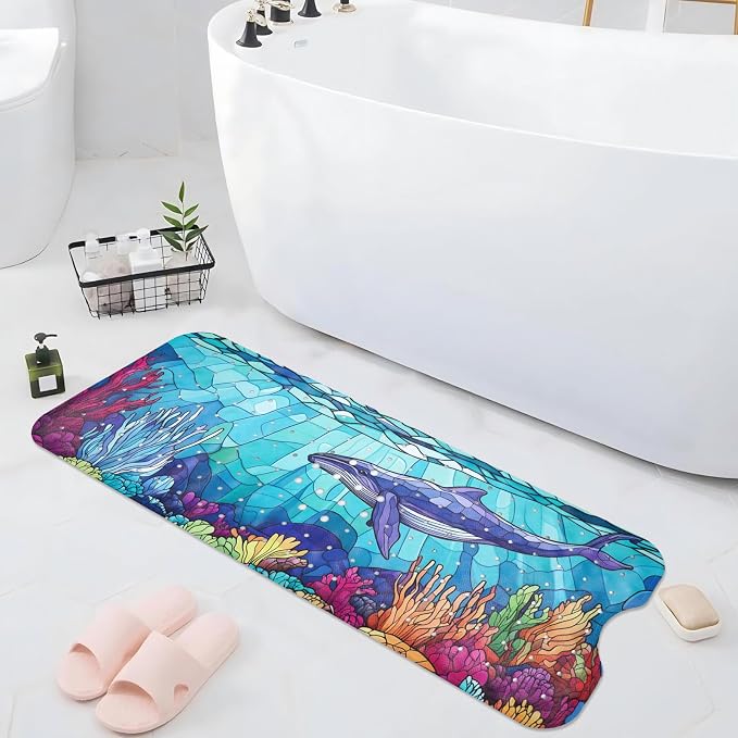 EAN Animals Bathtub Mat Non Slip, Sea Baby Bath Mat for Tub Rubber Tub Mat, Cute Toddler Kids Bath Mats for Bathroom Whale Anti Slip Shower Mat with Suction and Drain Holes Machine Washable, 40″x16″