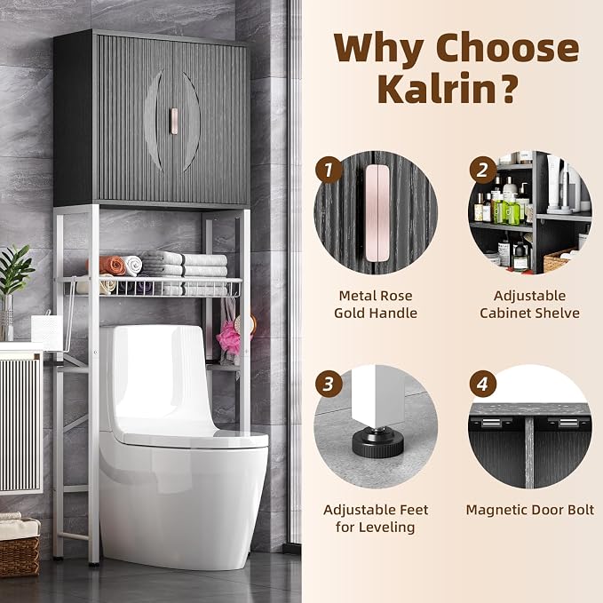 Kalrin Over The Toilet Storage Cabinet with Fluted Wave Doors and Adjustable Shelf, Wood Over Toilet Storage Rack with Drain Basket, Freestanding Bathroom Organizer for Balcony Laundry, Black & White