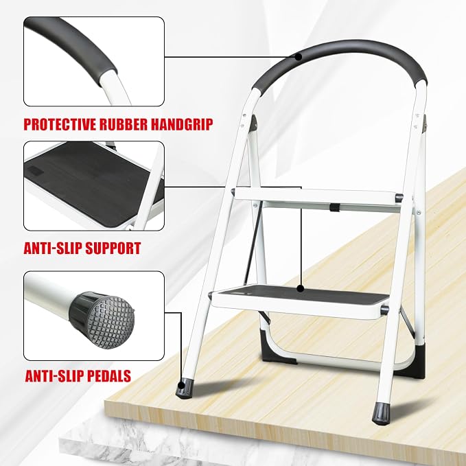 Big RED 2 Step Ladder: Ergonomic Folding Stool with Anti-Slip Pedal, Step Stool with Padded Handle for Kitchen, Household, Offices. 400 lb Capacity